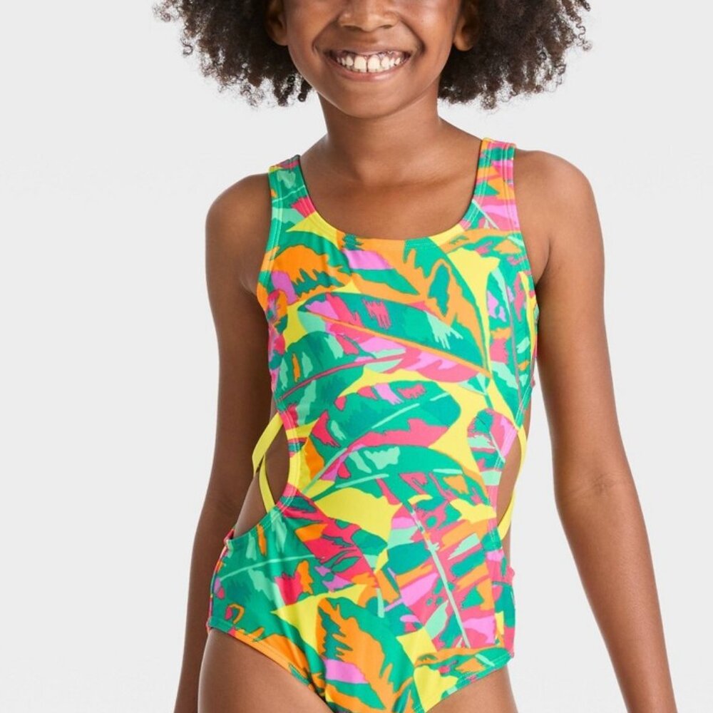 Cat & Jack Girls' Paradise Palm Sleeveless One Piece Swimsuit